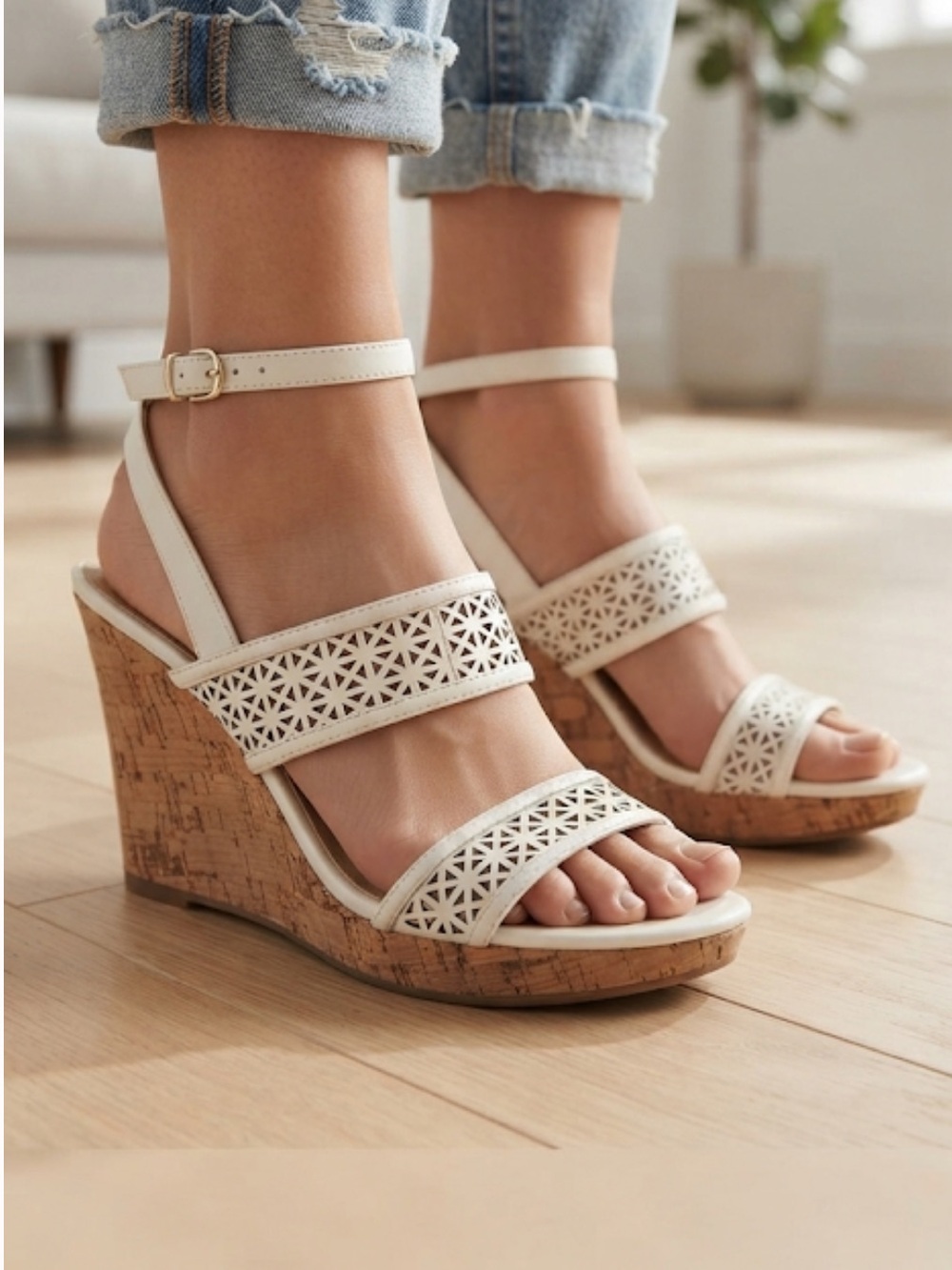 UNISA White Laser Cut Vegan Leather Wedge Sandals Size 8 1/2